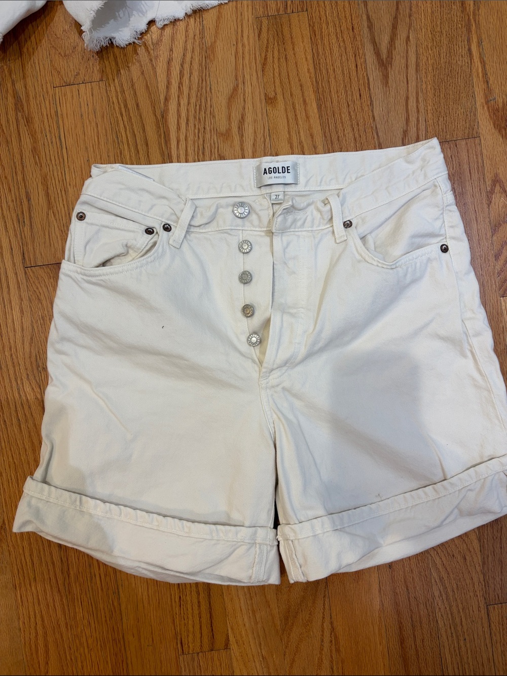 Agolde Cream High-Rise Button-Fly Rolled Hem Shorts